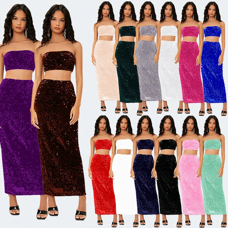 Sequin Fashion Womens Dresses 2 pcs Set Party Dresses Sexy Off Shoulder Evening dresses Female Birthday Cocktail From Prom Dress