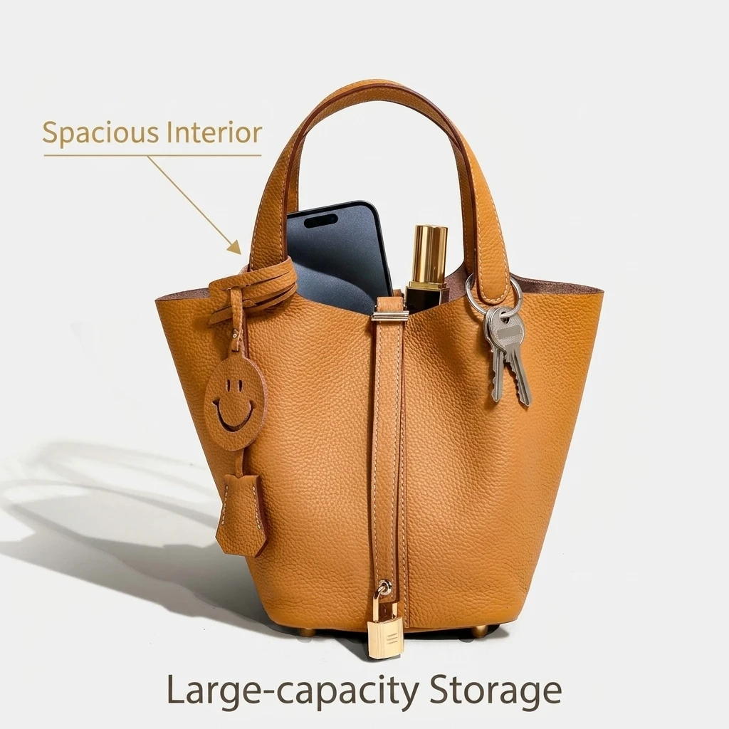 Top Grain Leather Bucket Bag For Women Smile Charm Handbag Luxury Genuine Leather Ladies Daily Commute Top‑Handle Tote Purse