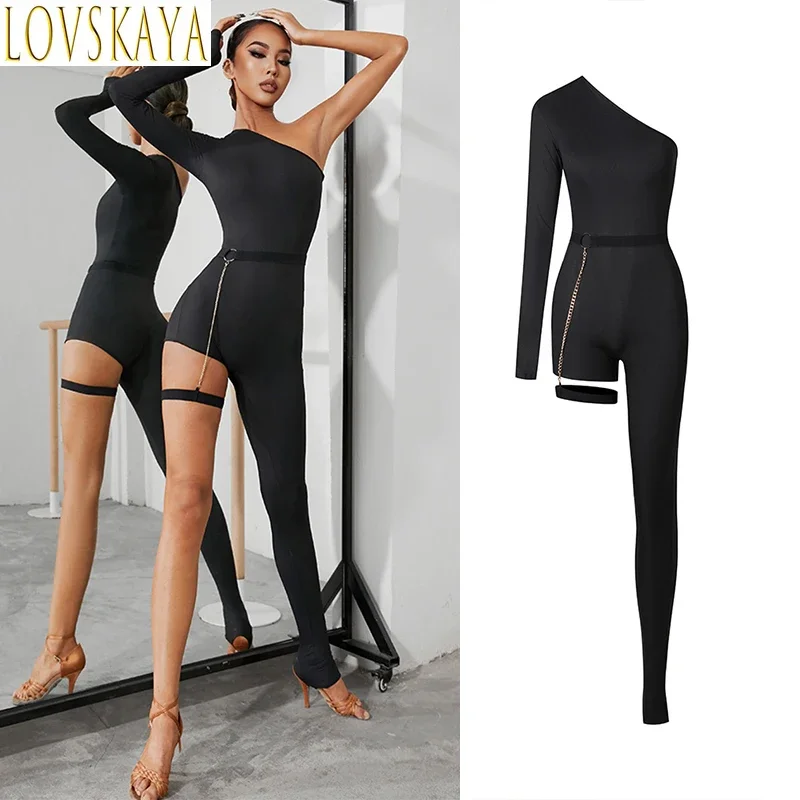 

Sexy diagonal shoulder single sleeved leg design Latin dance jumpsuit women's dance uniform black Latin dance pants