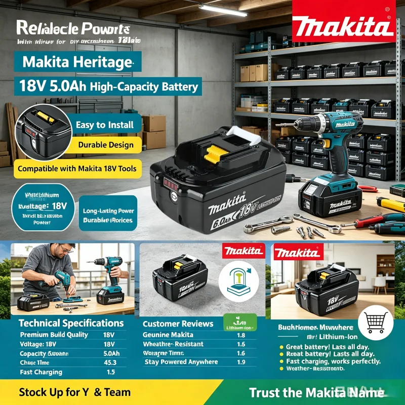 

Original Makita Lithium Battery 18V 6.0Ah, Universal Version Compatible BL1860 BL1430, Stable Electric Current Output