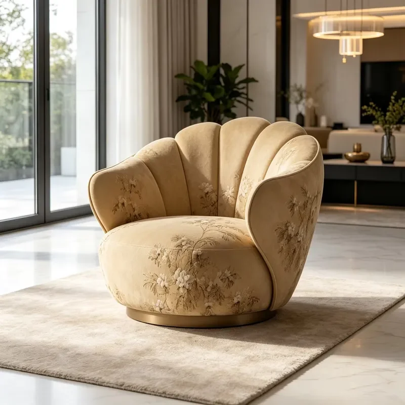 Retro Floral Pattern Fabric Decorative Chair Fixed Gold Metal Base Single Casual Sofa Chair for Living Room Decoration