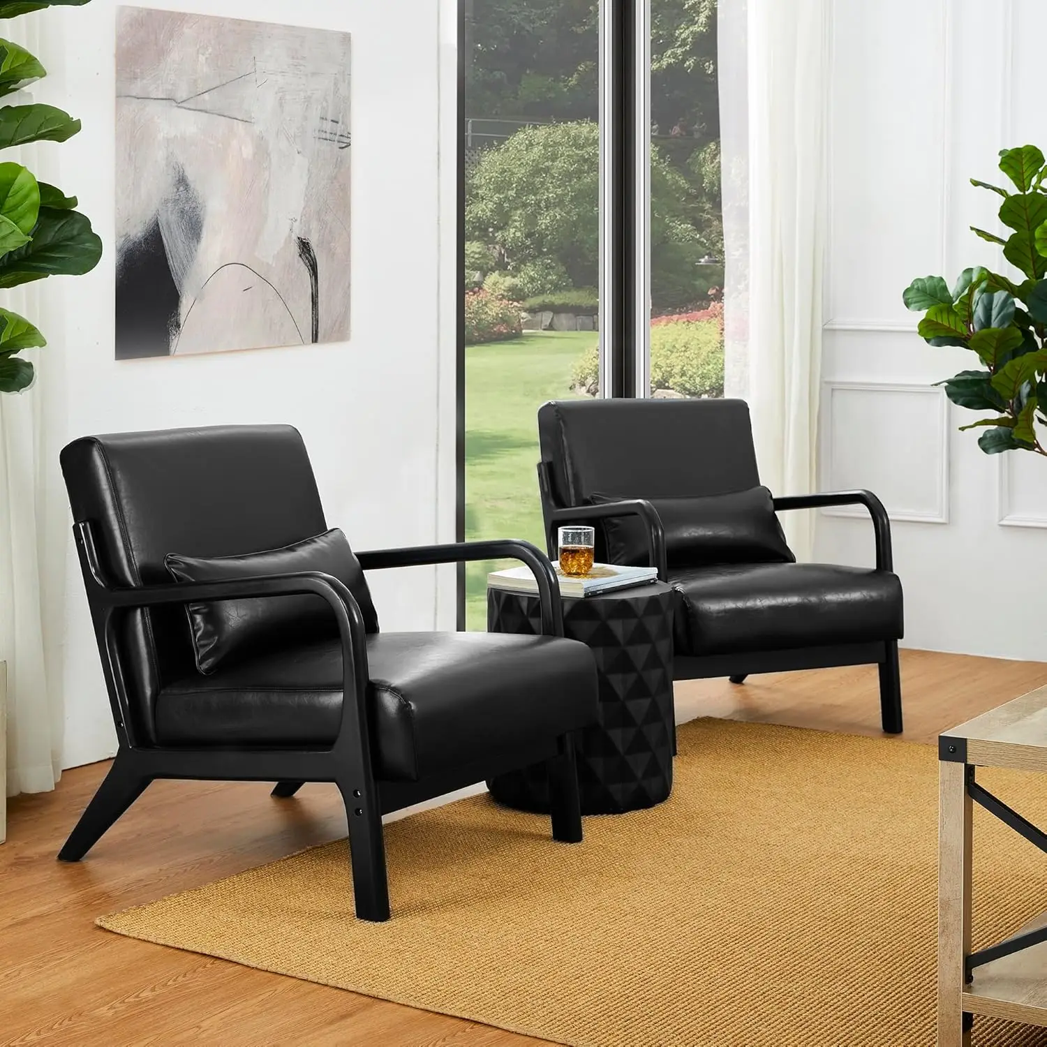 2 Set Mid Century Black Accent Armchair Single Reading Armchair PU Leather Lounge Chair with Walnut Ruberwood Frame