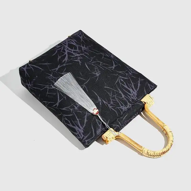 Retro Pattern Beige Handbag Women Bamboo Handle Cheongsam Dress Large Capacity Banquet Bag Ladies Elegant Premium Purse