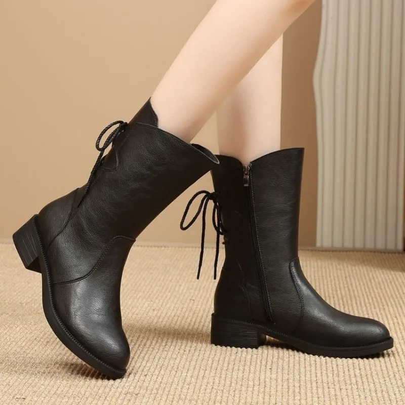 Retro thick heel height increasing waterproof women's boots autumn winter round toe back lace up mid heel simple warm boots