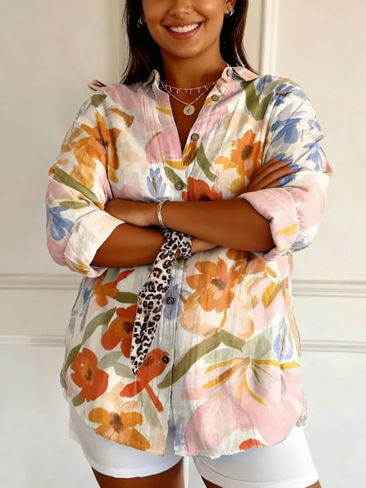 New Large Size Elegant Floral Print Lapel Shirt Casual Button Long Sleeve Blouse Top Beach Plus Size Party Boho Woman Clothes image 4