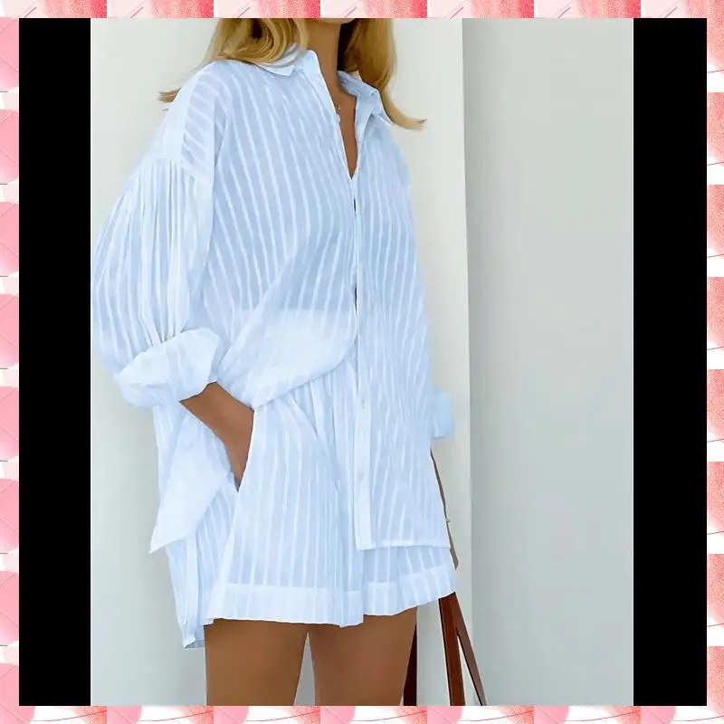 

Женские летние комплекты из 2 предметов, полосатые рубашки на пуговицах с пышными рукавами, топы, одинаковые шорты, комплекты, повседневная пляжная одежда