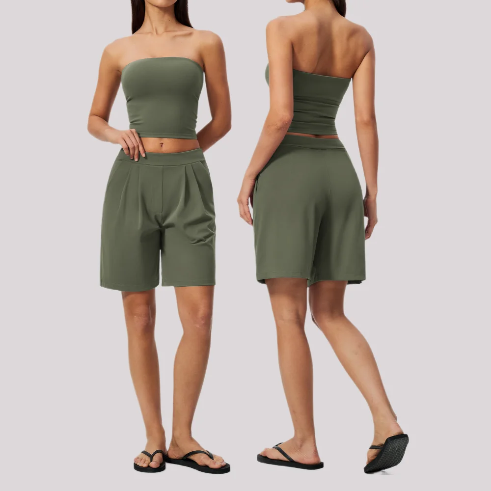 Fitness Suit Women's Yoga Set 2PCS Running Workout Clothing Gym Tracksuit Outfits Sportswear Strapless Crop Top Pleated Shorts