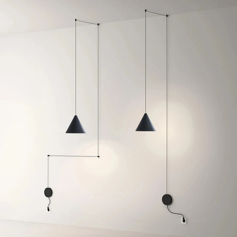 Nordic Minimalism Line Geometric Lamp Black Metal Study Bedroom Bedside Bar Plug-in Single Head Chandelier Led Lighting Decor