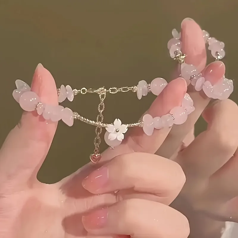 Graceful Cherry Blossom Glass Bead Bracelet with Floral Charm Suitable for Daily Wear And Festivals All Season Women Additions