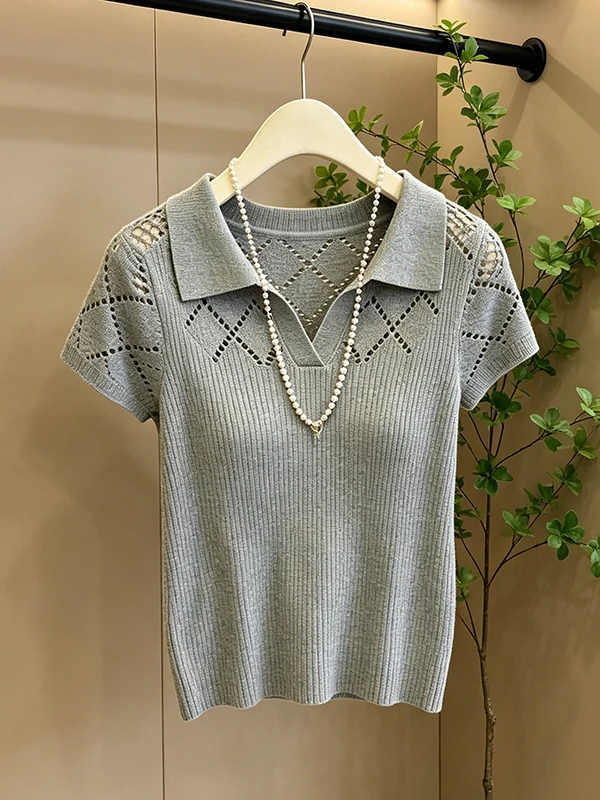 

Large Size Collar Ice Silk Short Sleeve T-Shirt Women's Loose Slimming Knitted Top Grey Hollow out Design Summer New Arr...