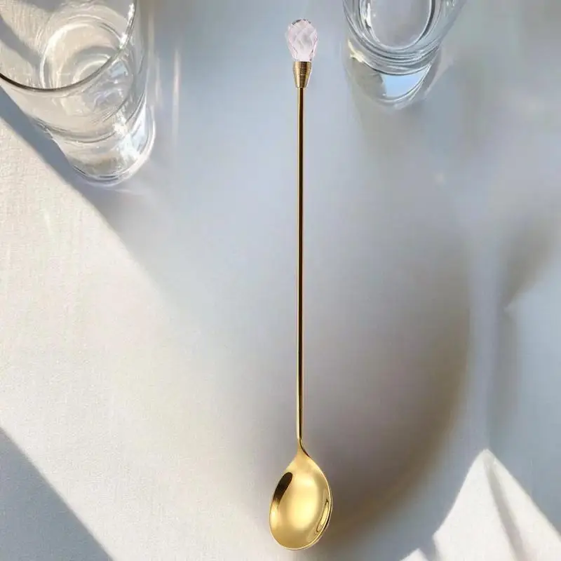 High Quality 430 Stainless Steel Teaspoon Set, Long Handle, Crystal Diamond Ice Scoop for Coffee and Dessert