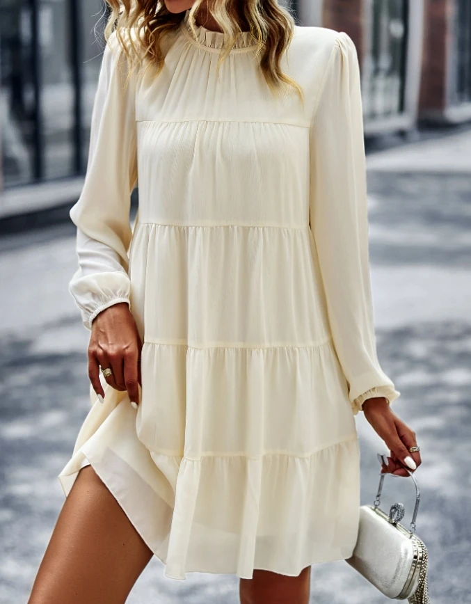 

2024 New Casual Dress Summer Fashion Solid Round Neck Long Sleeved Loose Fitting Dress Casual A-Line Skirt Elegant for Women