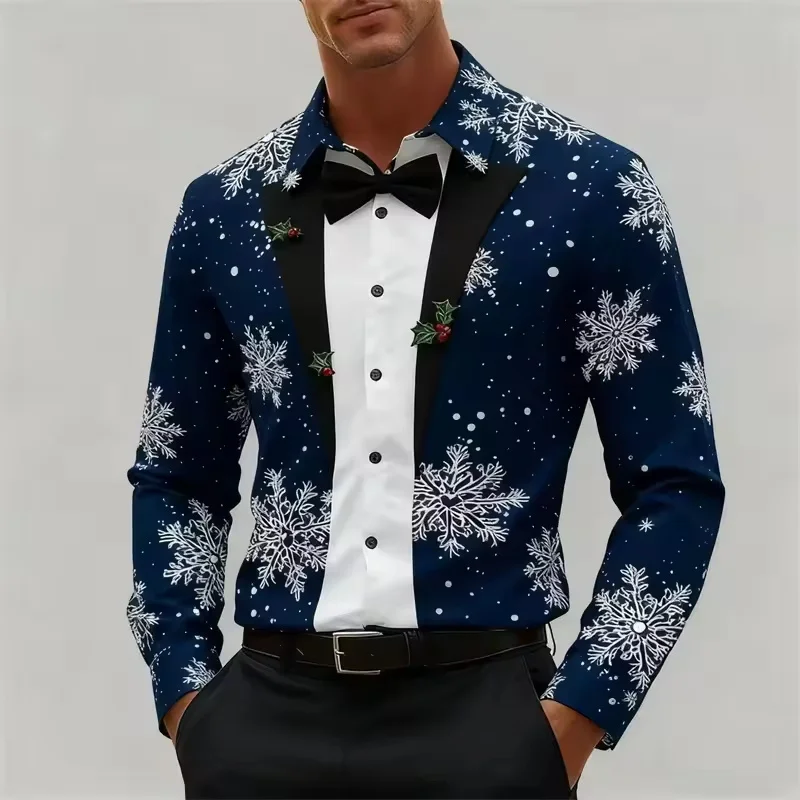 Nueva camisa navideña con corbata y patrón de copo de nieve para hombre, disfraz navideño, camisa informal de manga larga a la moda, adecuada para