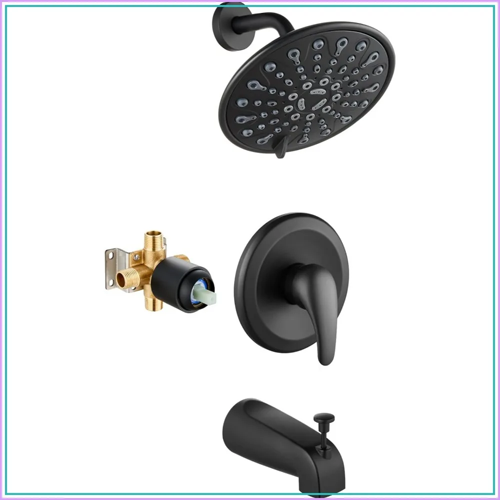 

6-Mode Shower Head & Tub Faucet Set, High Pressure, Matte Black, Complete Trim Kit with Valve