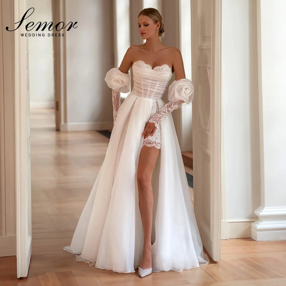 Semor Customized Graceful Chiffon A-Line Detachable Sleeve Lace 3D Flowers Evening Dress Delicate Sweetheart Women Wedding Gowns