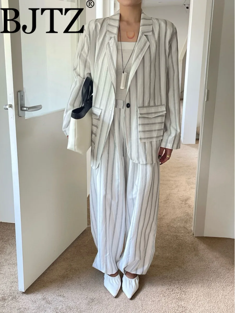 

BJTZ Temperament Striped Blazer Two Piece Set For Women 2025 Spring Autumn New Loose Single Breasted Office Lady Versatile Sets