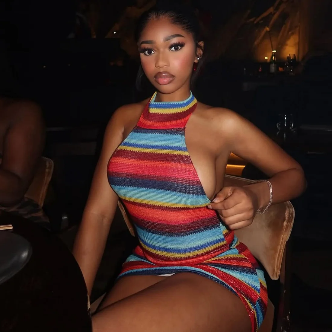 Cryptographic Striped Knit Halter Mini Dress Colorful Contrast Sleeveless Backless Summer Casual Clubwear Bodycon Short Dresses - Image 5