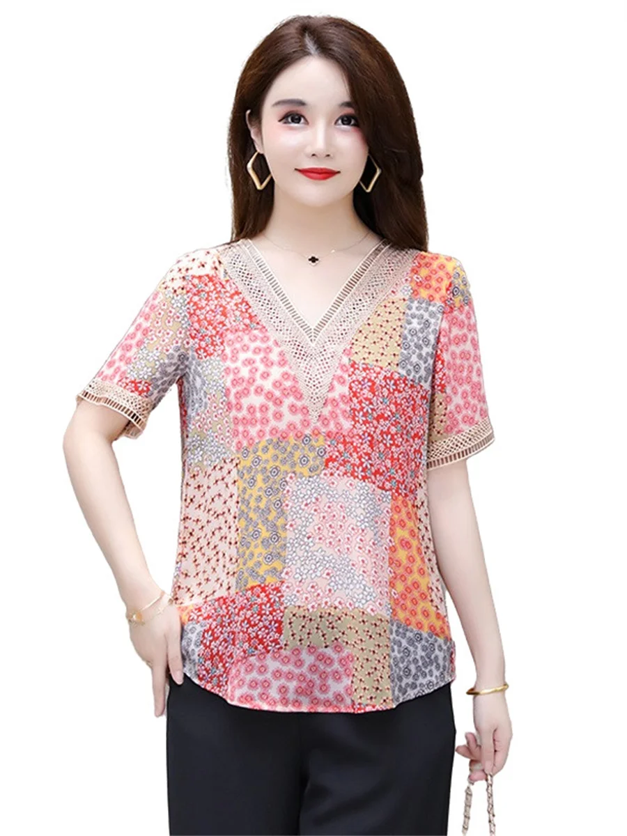 5XL Women Spring Summer Blouses Shirts Lady Fashion Casual Short Sleeve V-Neck Collar Printing Lace Blusas Tops CT0463