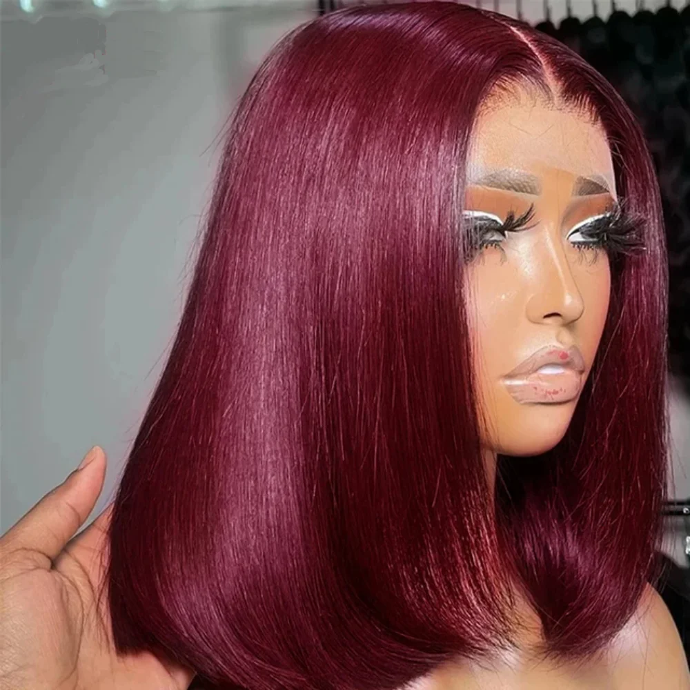 Perucas de Bob Direto Curto com Lace Front, Cabelo Humano, Vermelho Borgonha, 13x4 Frontal Lace, 100% Cabelo Humano, 99J