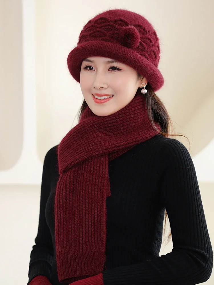 Middle-aged and Elderly Mother Hat Woman Autumn and Winter New Thick Warm Rabbit Hair Hat with Velvet Ear Protection Wool Hat