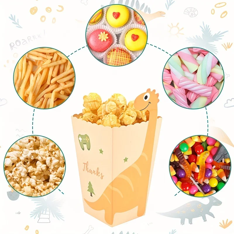 12pcs Cartoon Dinosaur Popcorn Box Candy Biscuit Packaging Bag For Birthday Party Decoration Cookie Animal Boxes Easter Gift