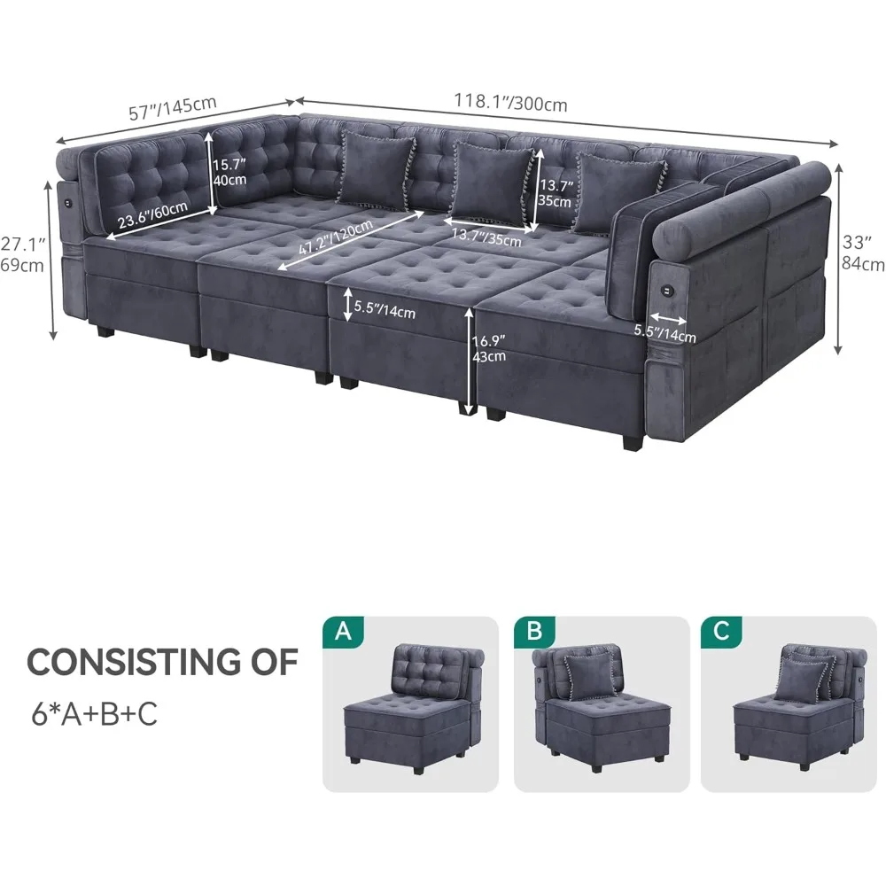 Sofá secional modular YITAHOME, sofá versátil em forma de U com amplo armazenamento, espuma viscoelástica, sofá conversível de 8 lugares com ajuste