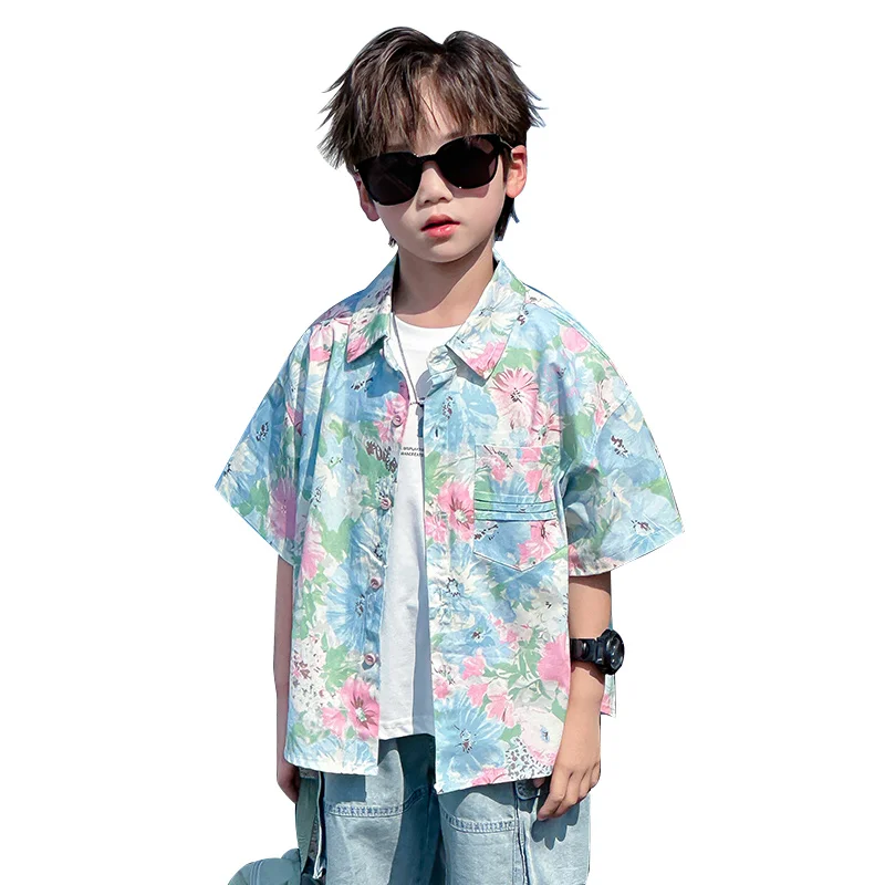 

Elegant Summer Kids Boy Floral Print Shirt Hip Hop Design Baby Short Sleeve Cotton Flower Shirt Street Style Rapper Costume Tops