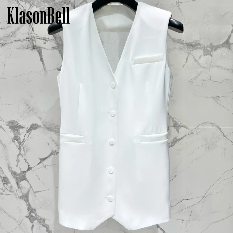 

8.7 KlasonBell Women Back Sheer Organza Spliced V-Neck Single Breasted Vest Simple All-matches Pocket Design Mid-Length Vest