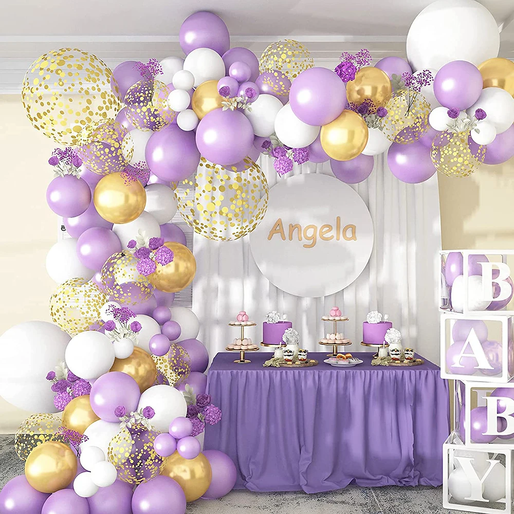 111Pcs Pearl Purple Retro Balloons Garland Arch Kit with White Metallic Gold Confetti Balloon Wedding Birthday Party Baby Shower