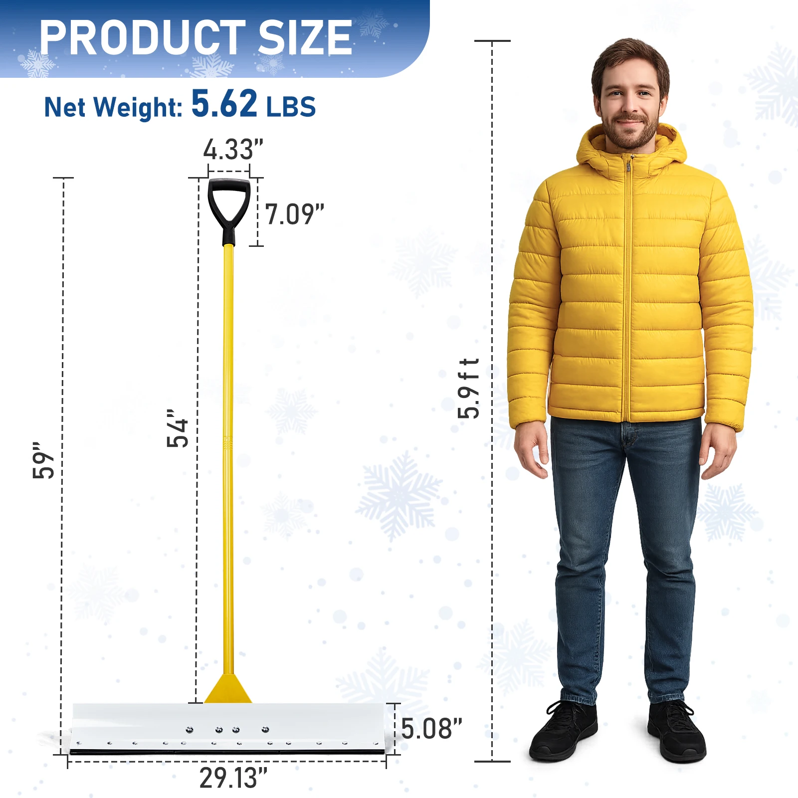 29in Handheld Snow Pusher Shovel T-Grip Handle Snow Plow Blade Heavy Duty Manual Snow Removal Tool for Driveway Sidewalk Yard