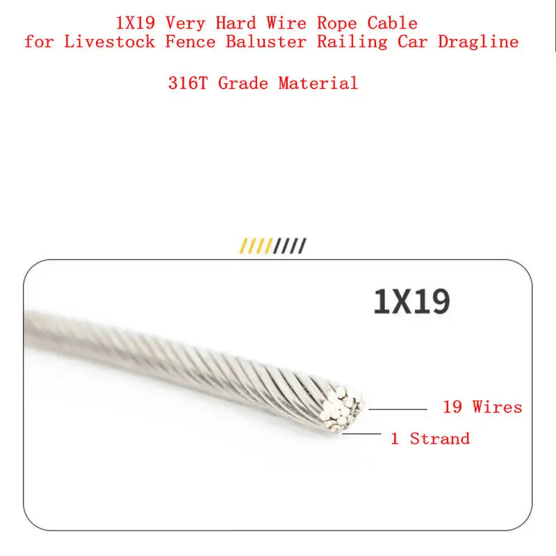 

1X19 Super Hard 50Meters 1.5/2/3MM Stainless Steel 316 Grade Wire Rope Cable for Livestock Fence Baluster Railing Car Dragline