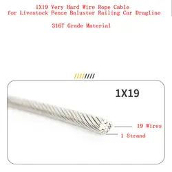 1X19 Super Hard 50Meters 1.5/2/3MM Stainless Steel 316 Grade Wire Rope Cable for Livestock Fence Baluster Railing Car Dragline