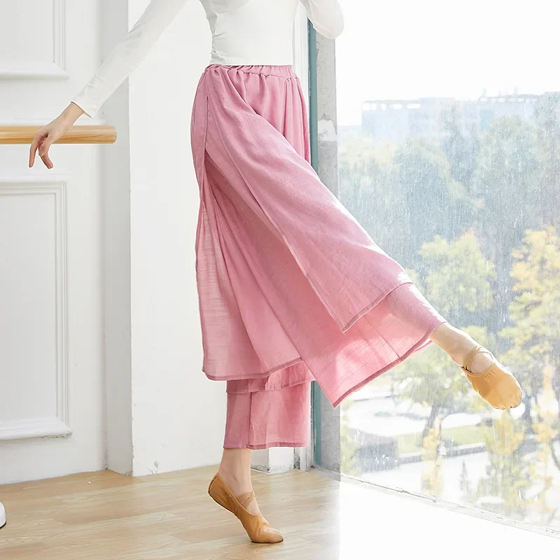 Chiński taniec ludowy Klasyczne spodnie do tańca Kobiety Luźne spodnie z szerokimi nogawkami 2 warstwy Fairy Body Rhyme Dancewear Side Split Plus Size