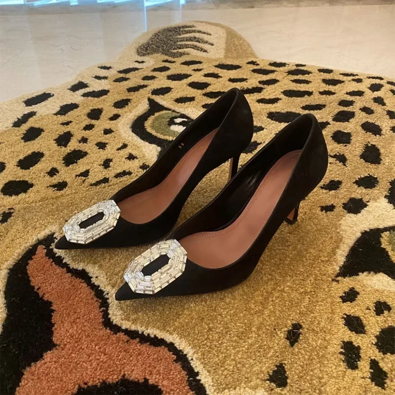 

2025 New Style Stiletto Pointed Toe Black High Heels Rhinestone Round Buckle Shiny Women Pumps Women's Shallow Slip On Sandals