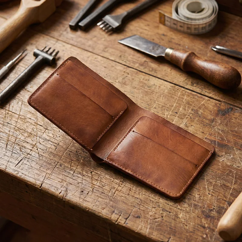 Handcrafted vegetable-tanned genuine leather short wallet, light and simple business wallet for men