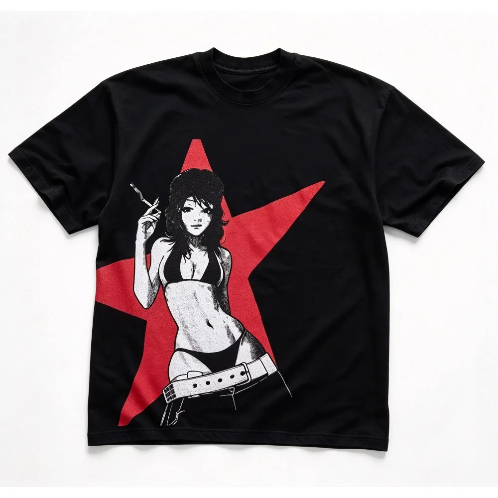 2026 New Star Girl Beanie Smoking Graphic Short Sleeve Tops Y2K Grunge Punk Aesthetic Men Women Streetwear T-shirt