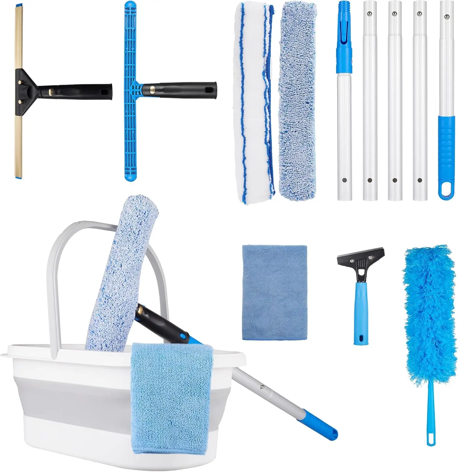 

Полный набор для мытья окон с ракелем, щеткой, штангами, ведром и аксессуарами для стекол и зеркал