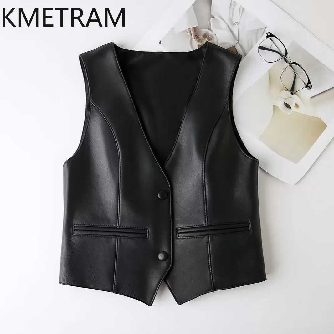 KMETRAM Genuine Sheepskin Leather Vest for Women Spring Autumn Clothes Versatile Tanks 2024 New Tops Slim Fit Ropa De Mujer