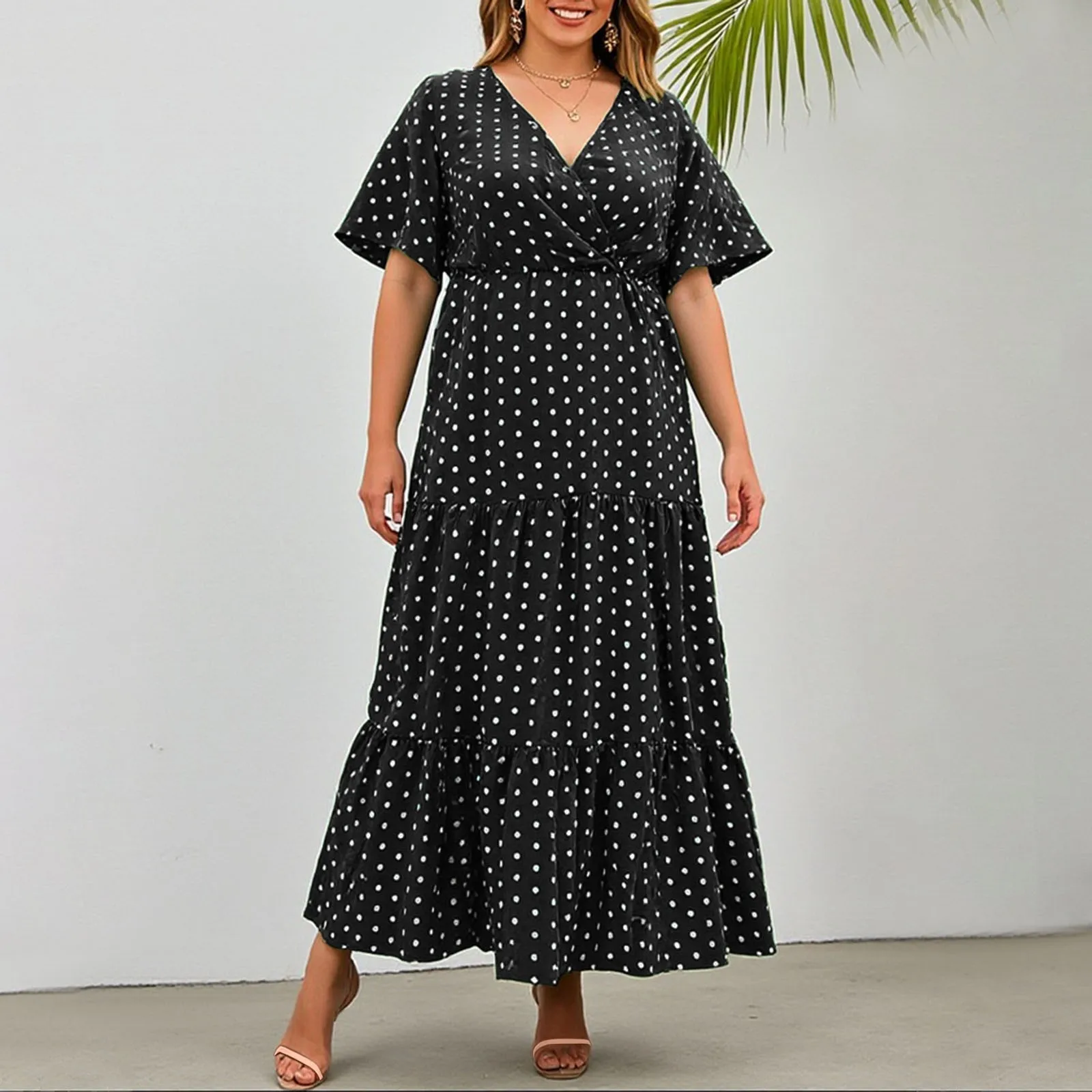 Vintage Chic Women Polka Dot Short Sleeve Beach Bohemian Maxi Dress Ladies Rayon Cotton Summer High Low V-Neck Boho Dresses Robe