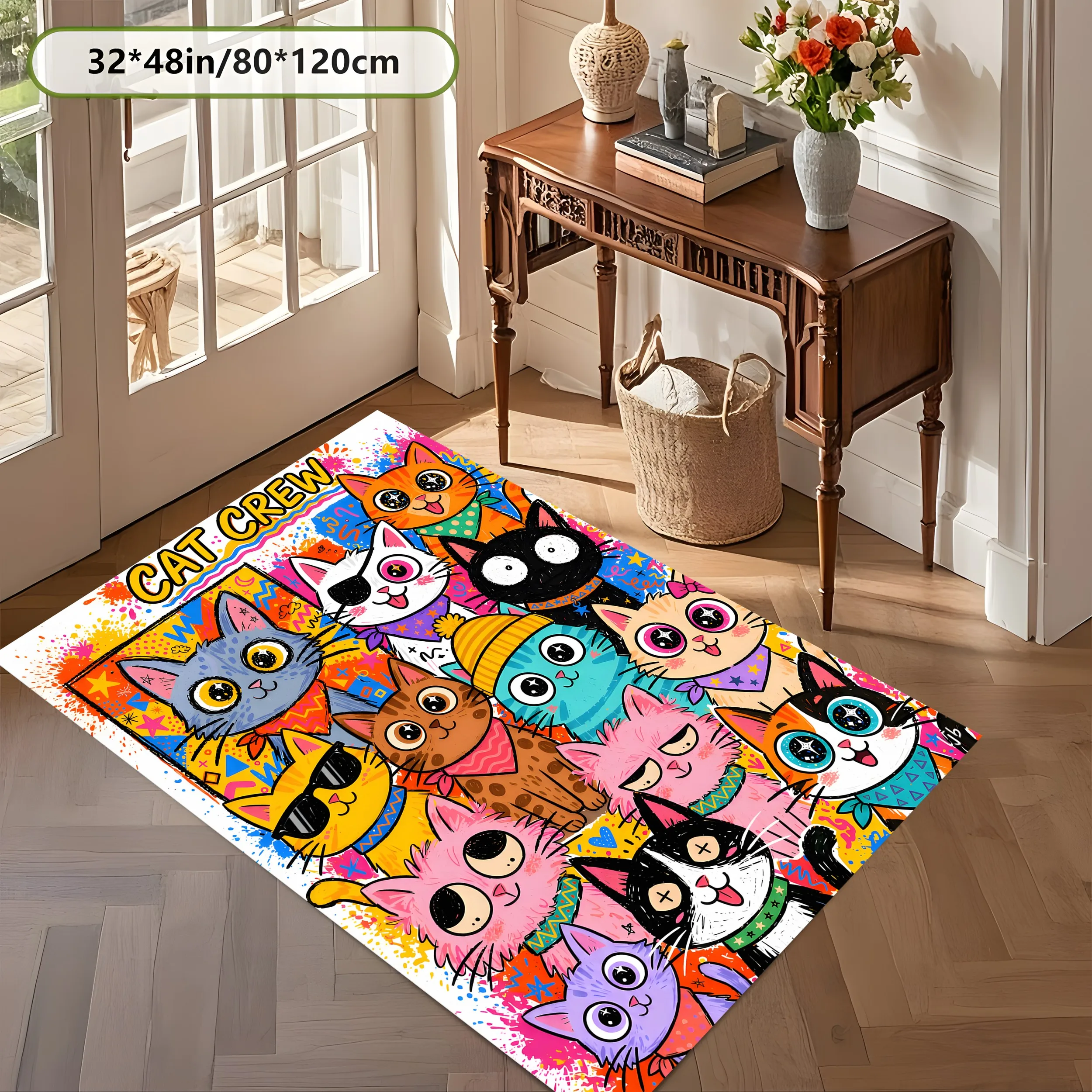 Large Velvet Area Rug Colorful Cat Graffiti Print Soft Comfortable Living Room Bedroom Entryway Home Decor Area Rug