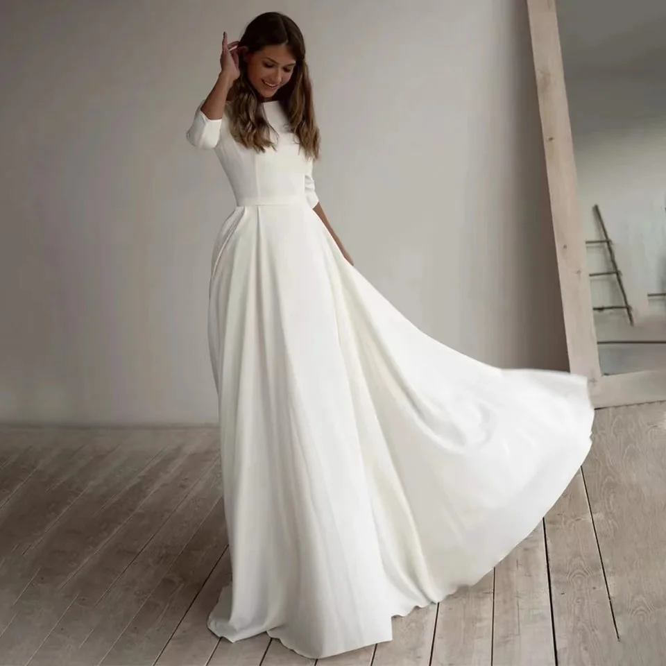 Abiti da sposa semplici svasati maniche lunghe una linea Crepe scollo A barchetta eleganti abiti da sposa con tasche Plus Size robe de mariee