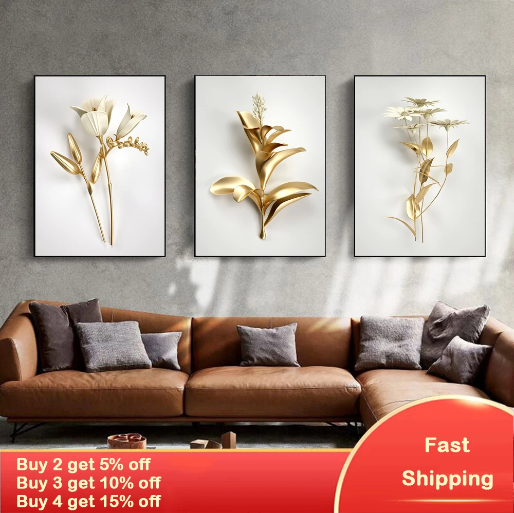 

Golden plant leaves and flowers Wall art canvas painting Wall Pictures for Living Room Nordic Decoration Pictures morden decor