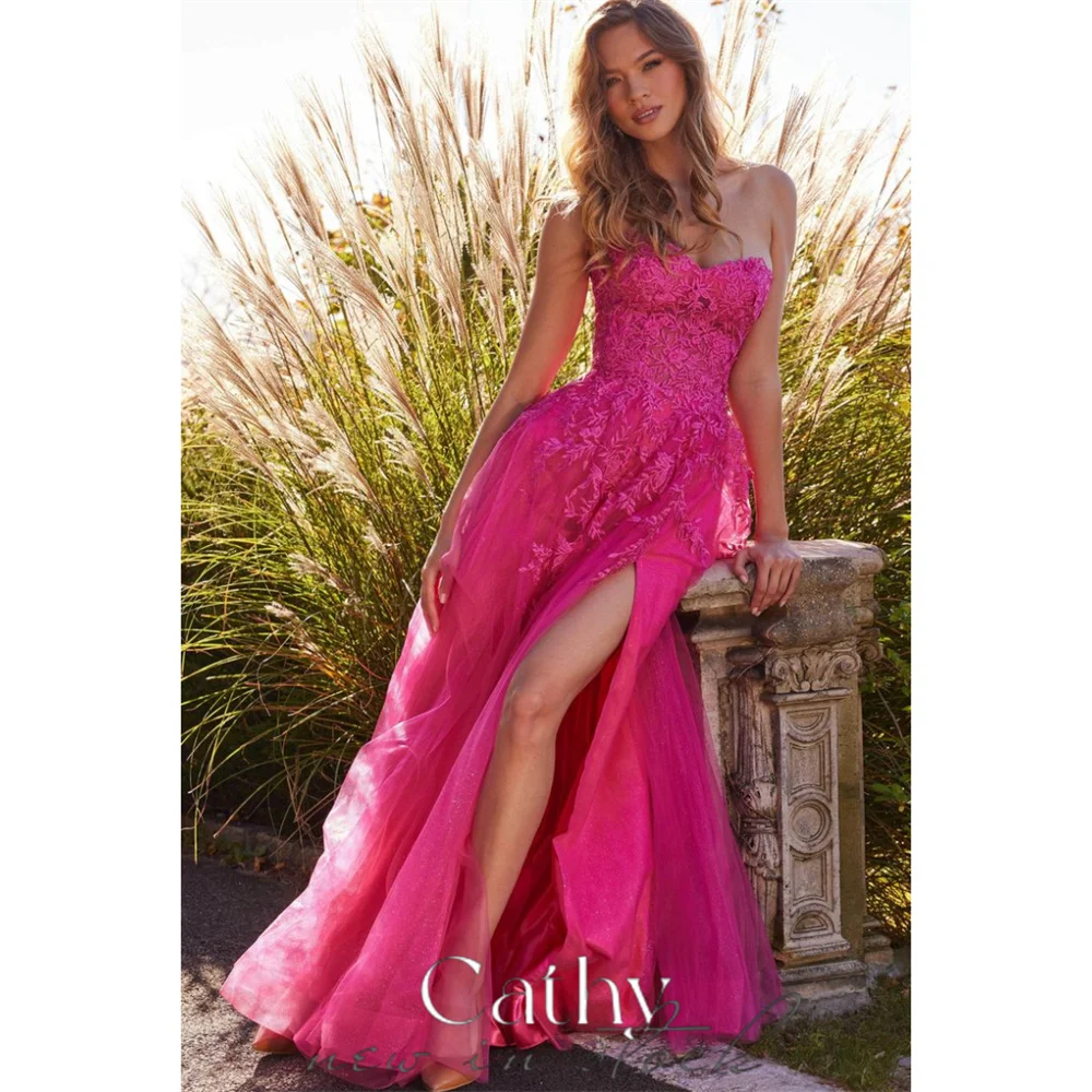 

Cathy Lace Embroidery Top Prom Dress Off Shoulder Sleeveless Vestidos De Novia Sexy Side High Split Backless robes de soirée