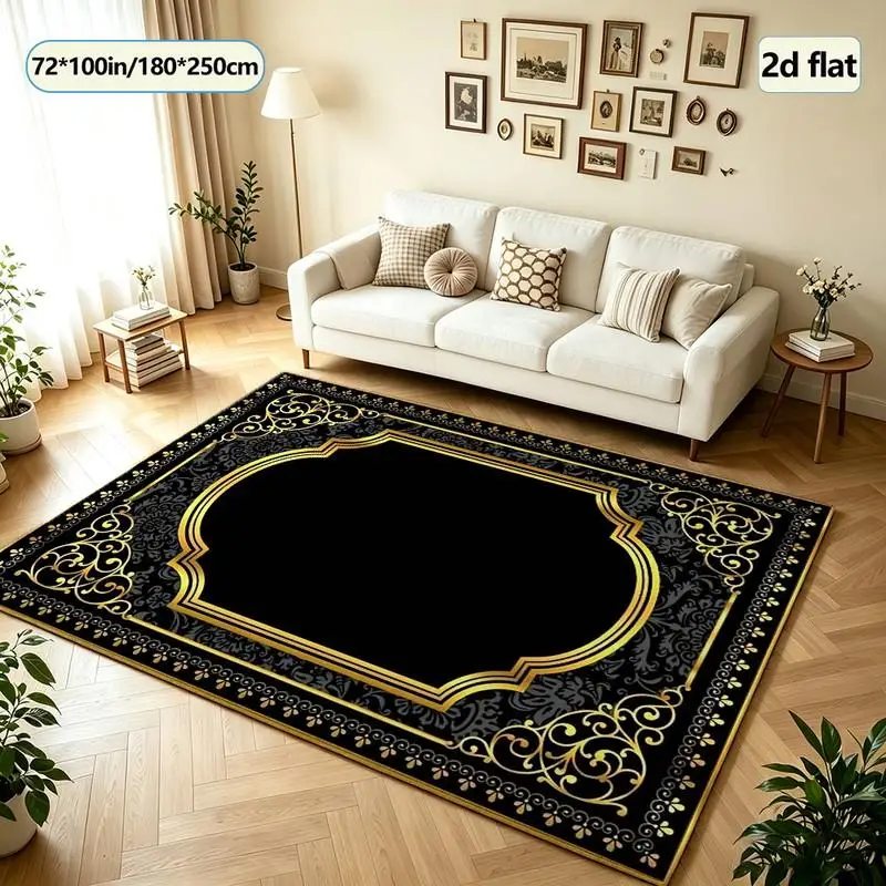 Luxurious Golden Ornate Frame Carpet, Noble Square Carpet Suitable for Villa Living Room Home Decoration