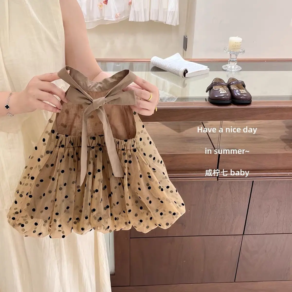 Polka Dot Yarn Dress, Girls' Summer New Backless Lace Up, Western-style Bow Flower Bud Princess Dress