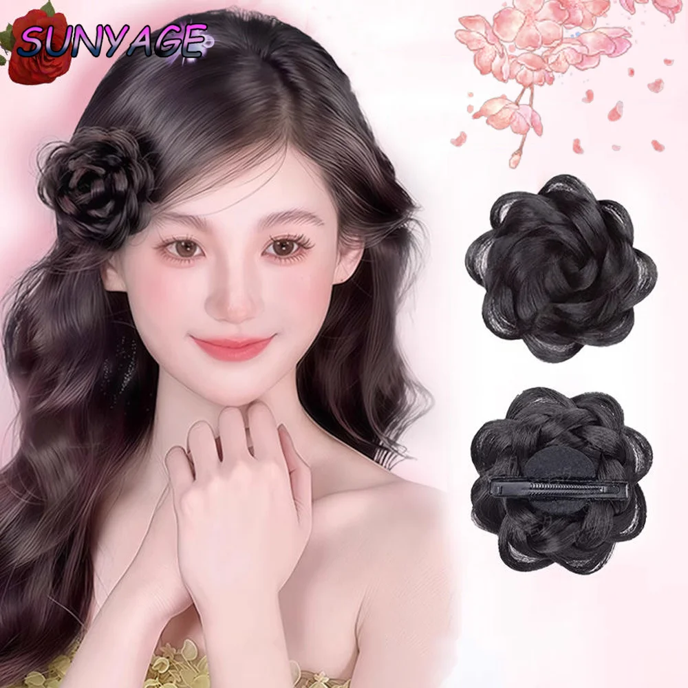 

SUNYAGE Synthetic Hair Bun Curly Wig Clip Head Elastic Hair Flower braided duckbill clip Extensions False Hair Pieces For Women