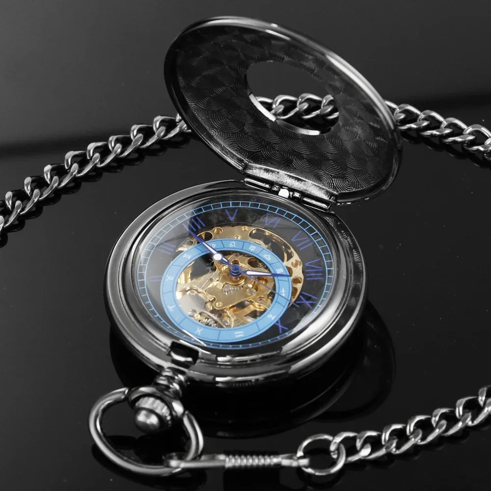 Hollow Luxury Black Classical Hand Wind Mechanical Pocket Watch Men Steampunk Vintage Dress Fob Watches Pendant with Chain