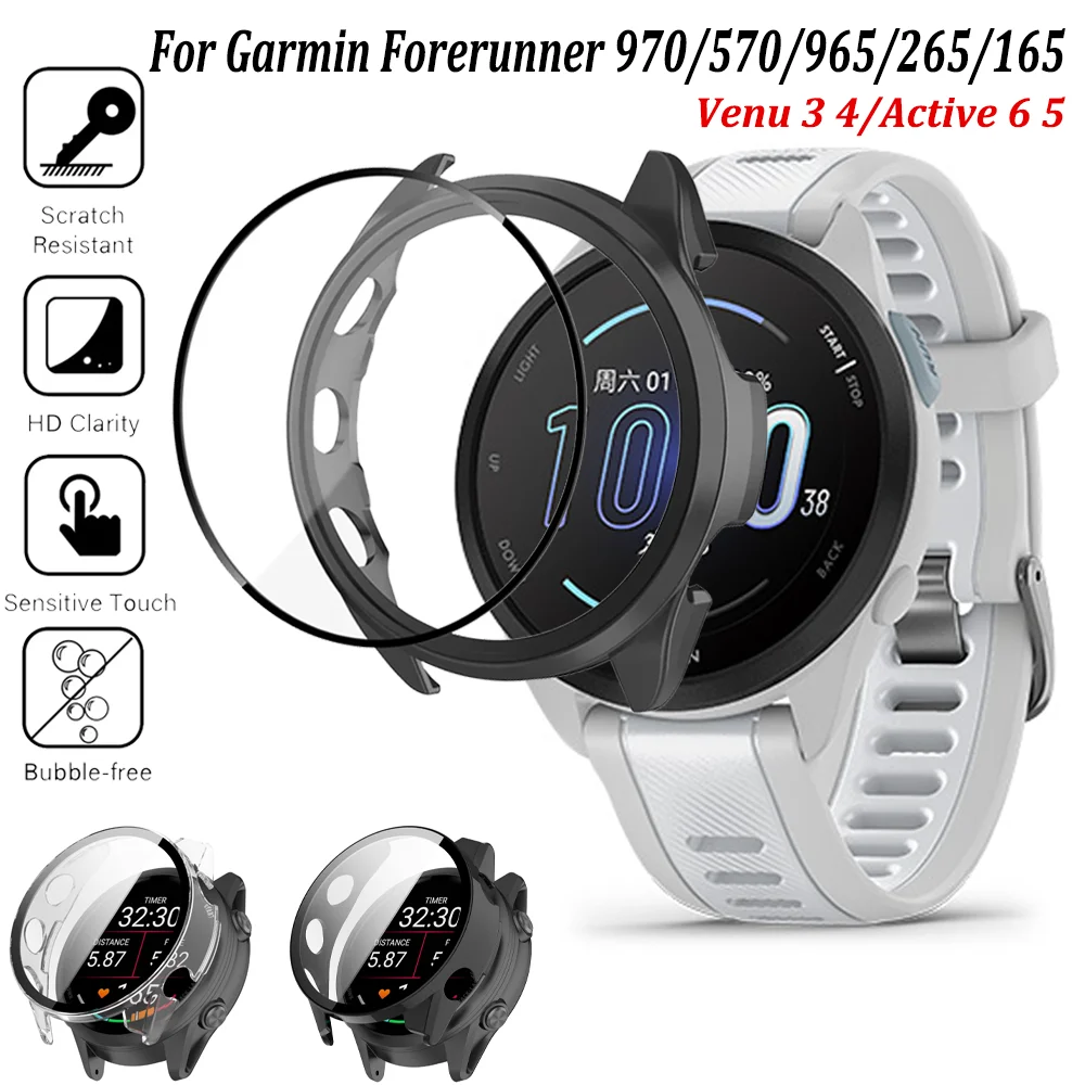 PC Case For Garmin Forerunner 970/570/965/265/165 Tempered Glass Protective Shell for Garmin Venu 3 4/Active 6 5 Protector Cover