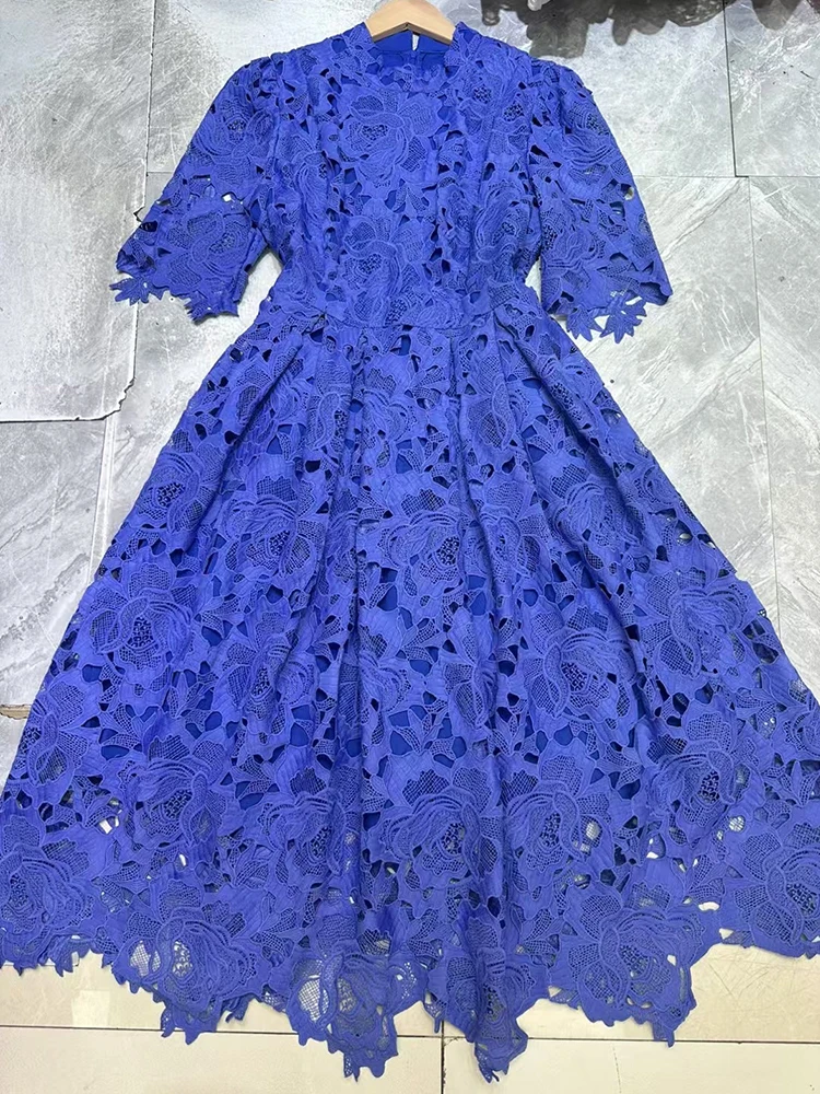 

Retro water-soluble lace embroidery hollow waist dress 2025 summer women's high-waisted pleated loose irregular shag skirt