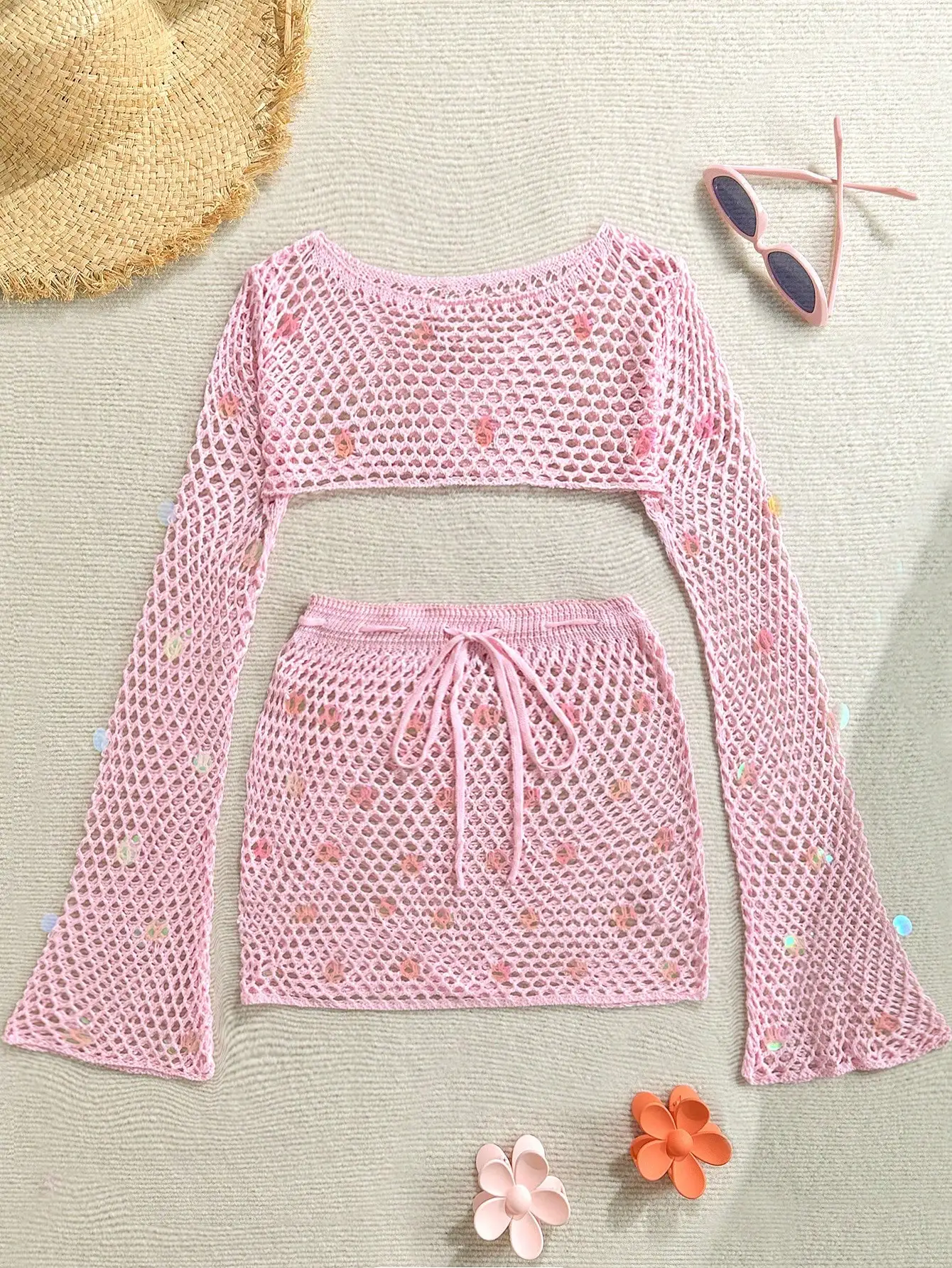 

Pink Crochet Hollow Out Long Sleeve Cover Up Top And Skirt 2pcs Set For Women Summer Beach Festival Outfit